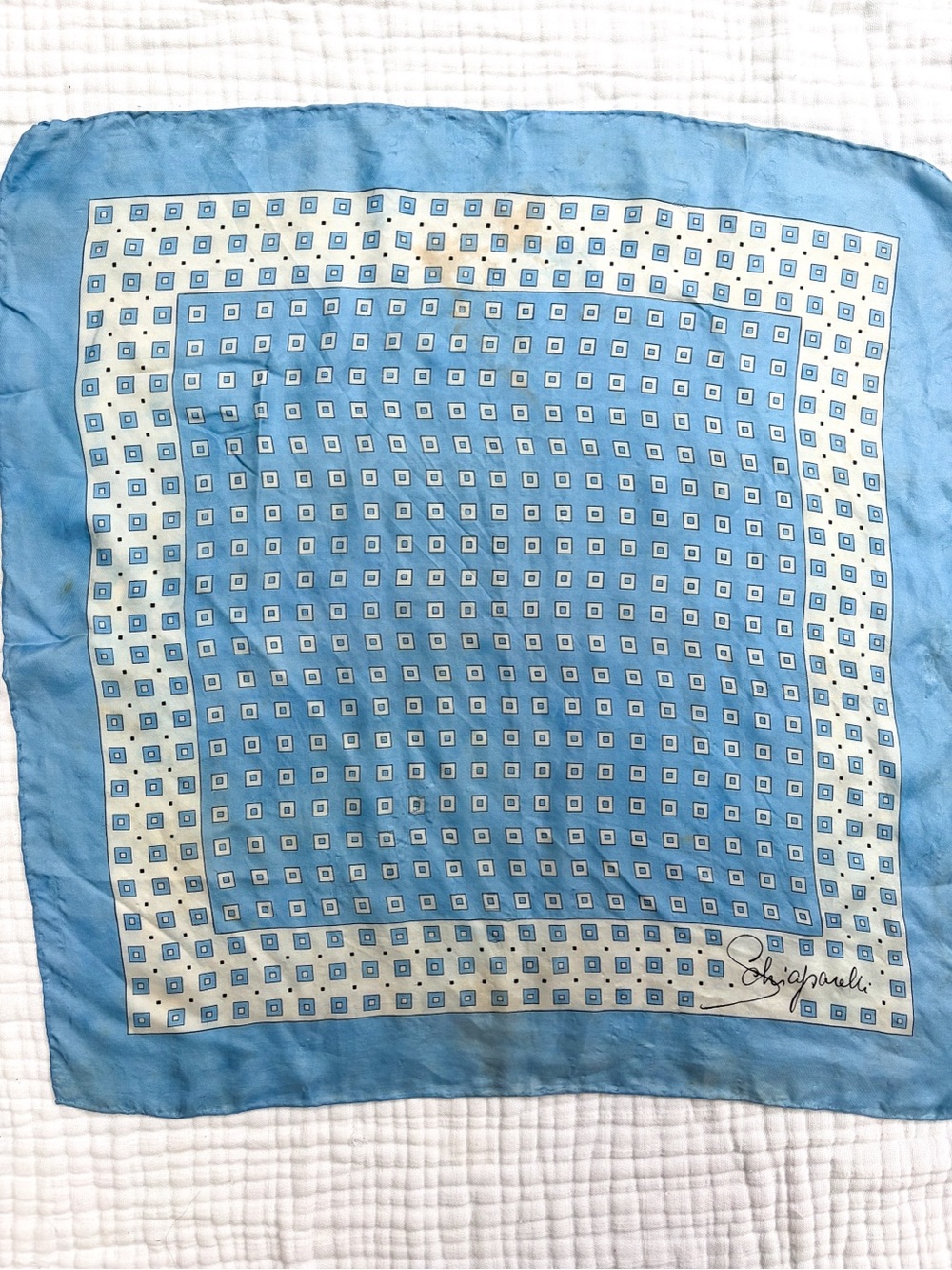 Vintage Elsa Schiaparelli Silk Scarf Blue Geometric Square Signed 22x23